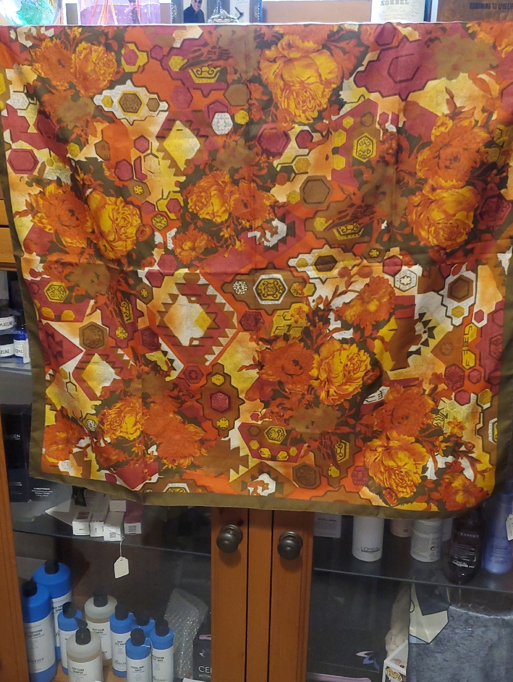 Floral Geometric Silk Scarf in Orange and Yellow